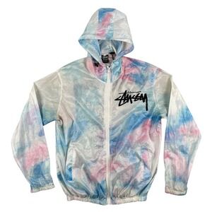 Stussy Windbreaker Jacket Mens M Multicolor Tie Dye Full-Zip Hooded Streetwear